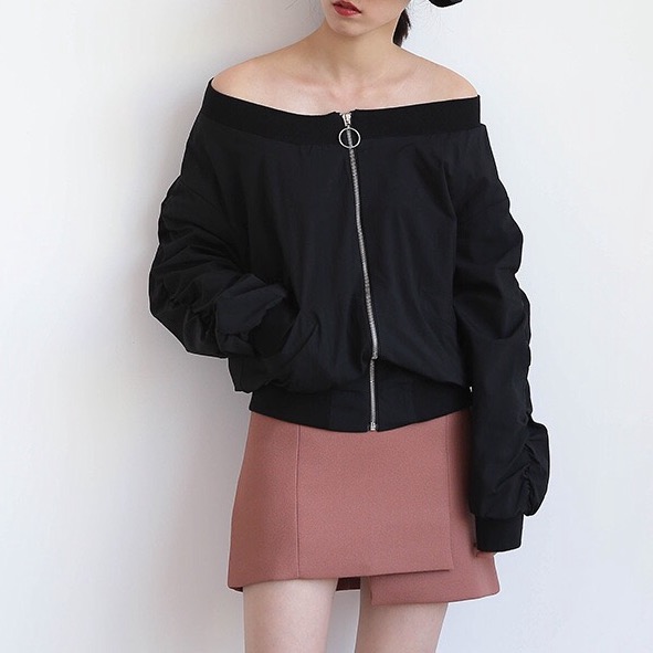 2016韩国东大门秋季新款韩版女式短外套一字领拉链开衫上衣